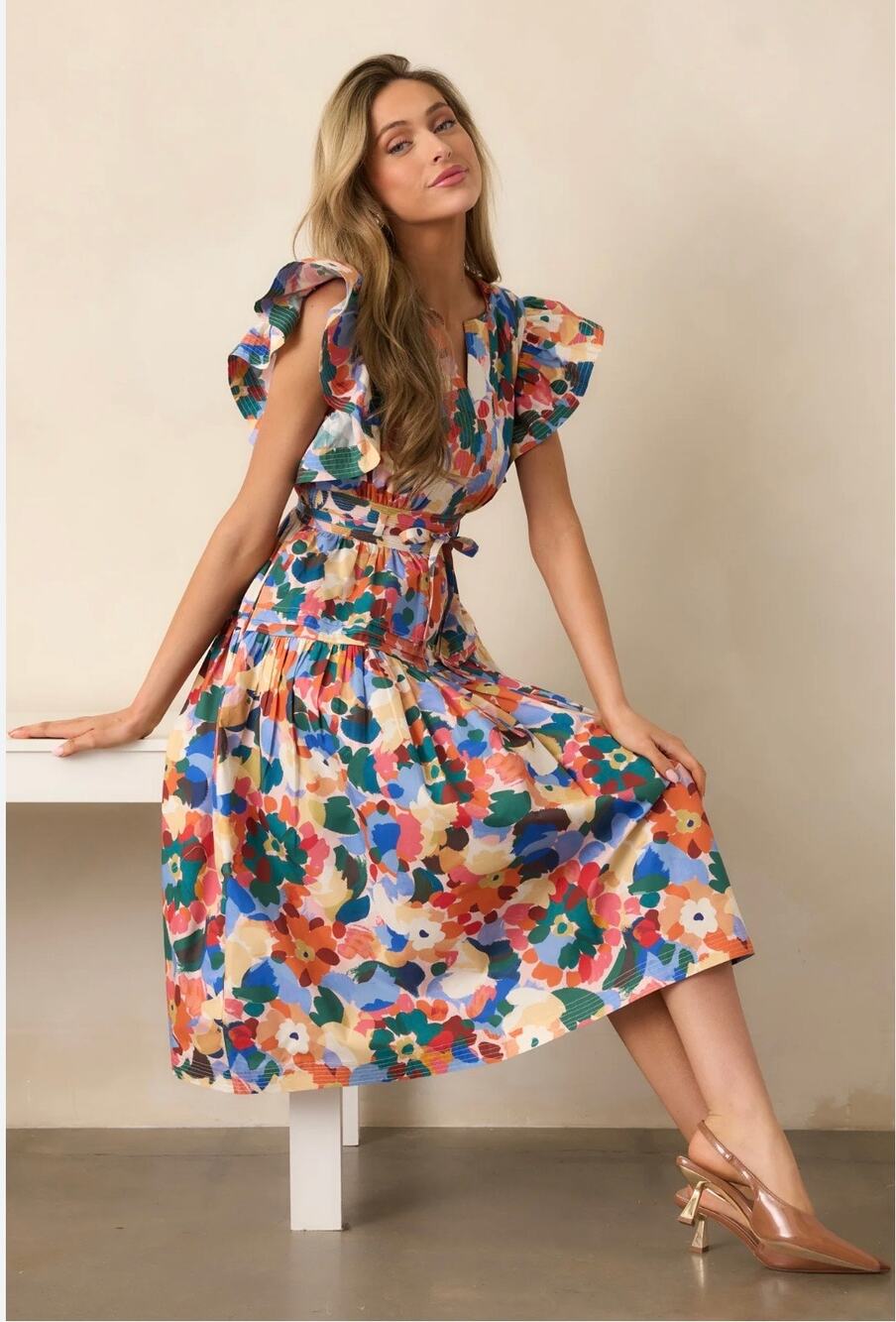 Prosperina Colorful Floral Ruffle Sleeve Midi Dress Size M NWT MSRP $199